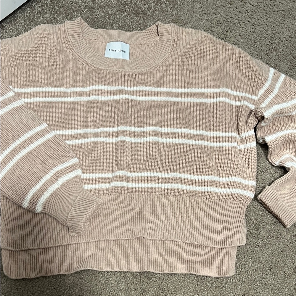 Pink Rose Cropped Women's Sweater - Pink Blush With White Stripes SIZE S